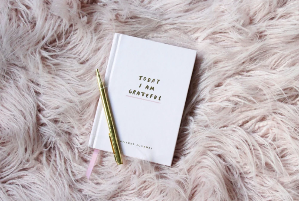 Closed journal with the words Today I Am Grateful