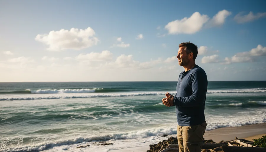 A man standing on the shoreline looking out over the ocean, reflecting