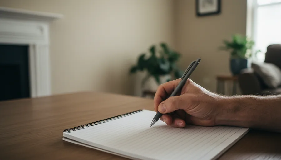A hand writing a daily routine into a notebook on a desk